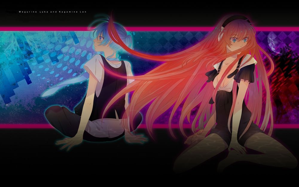 Обои для рабочего стола Vocaloid / Вокалоид Мегуринэ Люка / Megurine Luka и Kagamine Len / Кагамине Лен сидят рядом