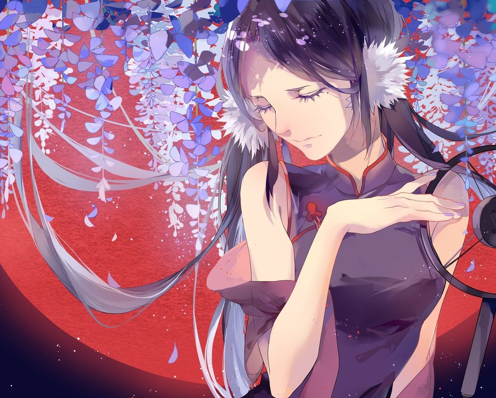 Обои для рабочего стола Vocaloid Luo Tianyi / Вокалоид Луо Тьянуй стоит перед микрофоном на фоне красной Луны