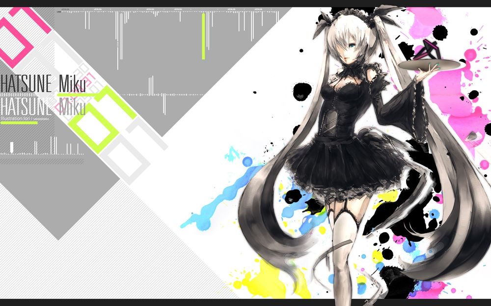 Обои для рабочего стола Vocaloid Hatsune Miku / Вокалоид Хатсуне Мику в черном платье с подносом, art by Yakatabako