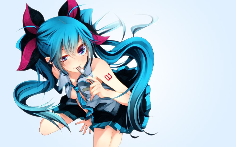 Обои для рабочего стола Vocaloid Hatsune Miki / Вокалоид Хатсуне Мику облизывает вилку
