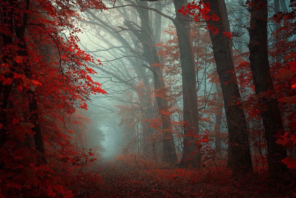 Обои для рабочего стола Дорога в осеннем туманном лесу, Janek Sedlar Photography