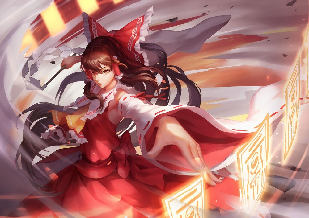Обои для рабочего стола Reimu Hakurei / Рейму Хакурей использует магию, из игры Проект Восток / Тохо / Touhou Project