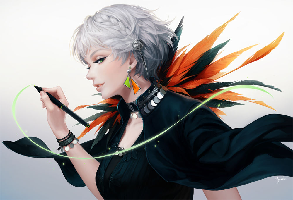 Обои для рабочего стола Беловолосая девушка рисует линию, art by Suda Ayaka