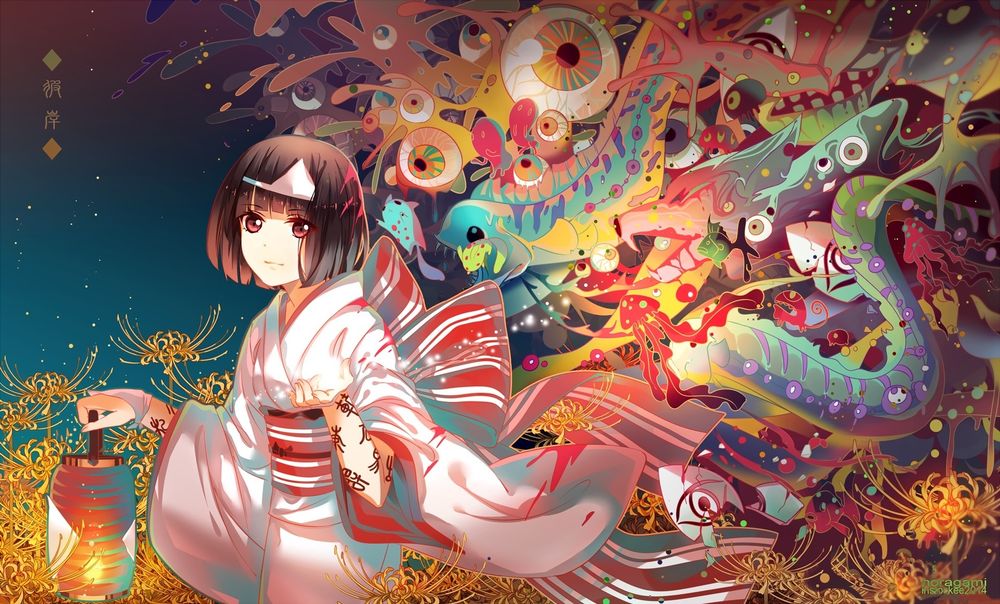 Обои для рабочего стола Nora в кимоно с фонарем в окружении екаев из аниме Noragami / Норагами / Бездомный Бог