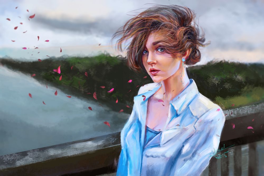 Обои для рабочего стола Девушка стоит на мосту, на фоне природы с развевающимися от ветра волосами, by abeermalik