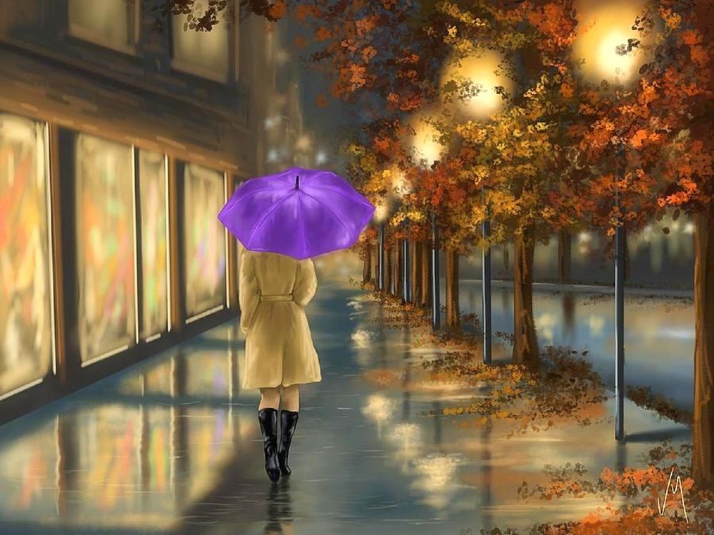 Обои для рабочего стола Девушка под синим зонтом идет по городской ночной улице