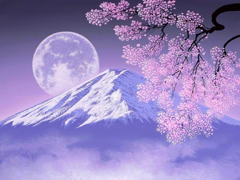 Обои для рабочего стола Ветка сакуры на фоне заснеженной горы и луны