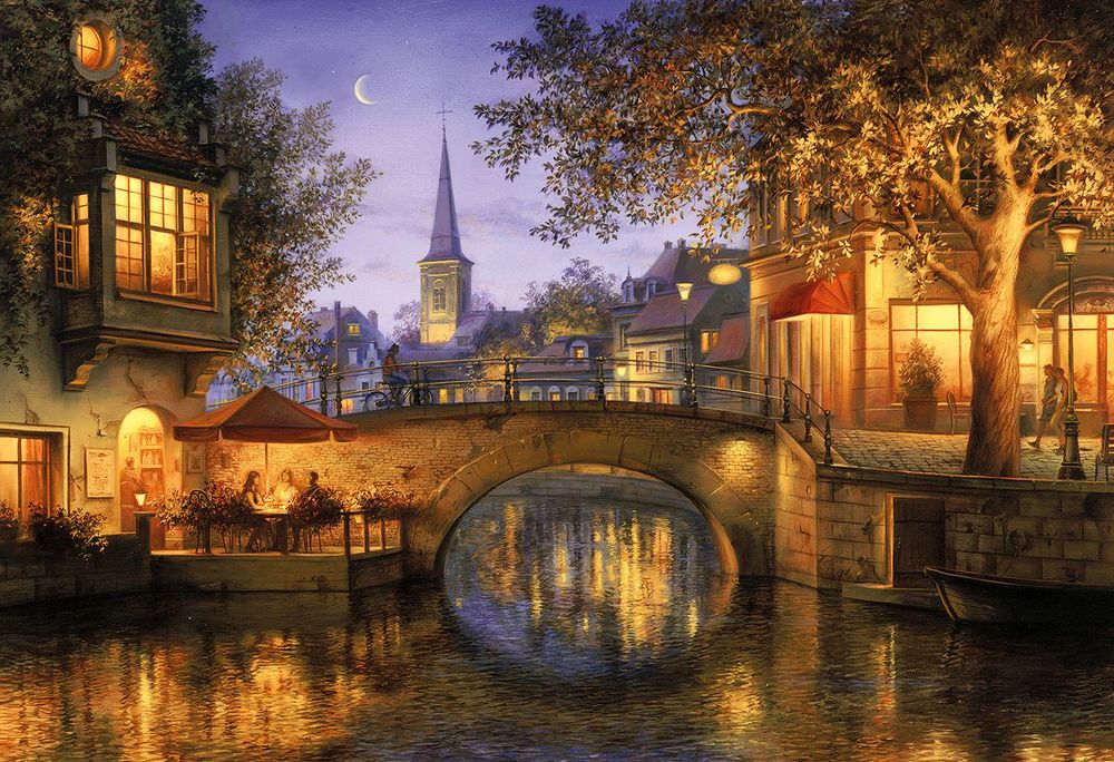 Обои для рабочего стола Вид на вечерний город с мостом через канал, художник Евгений Лушпин
