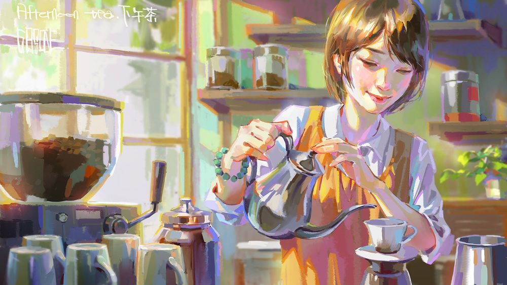 Обои для рабочего стола Девушка наливает чай, by Shengyi Sun