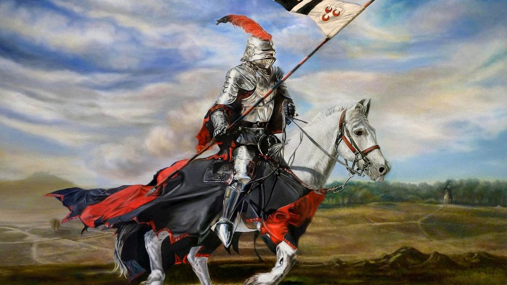 Обои для рабочего стола Средневековый рыцарь в доспехах скачет на лошади, держа в руке копье со штандартом