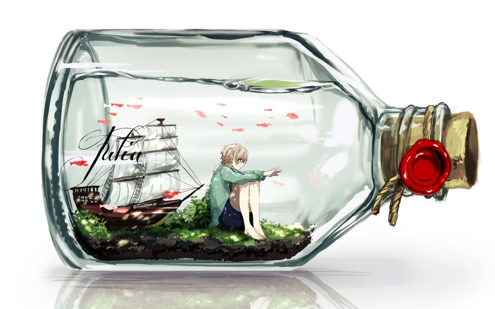Обои для рабочего стола Корабль в бутылке вместе с подростком нарисованным в стиле аниме
