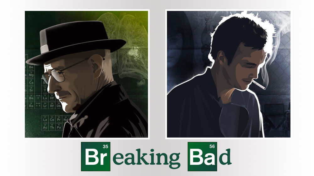 Обои для рабочего стола Арт к сериалу Breaking Bad / Во все тяжкие на котором изображены Walter White / Уолтер Уайт и Jesse Pinkman / Джесси Пинкмэн