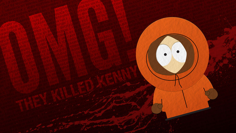 Обои для рабочего стола Кенни / Kenny из мультфильма Южный Парк / South Park с надписью позади него OMG! They killed Kenny / Боже мой, они убили Кенни
