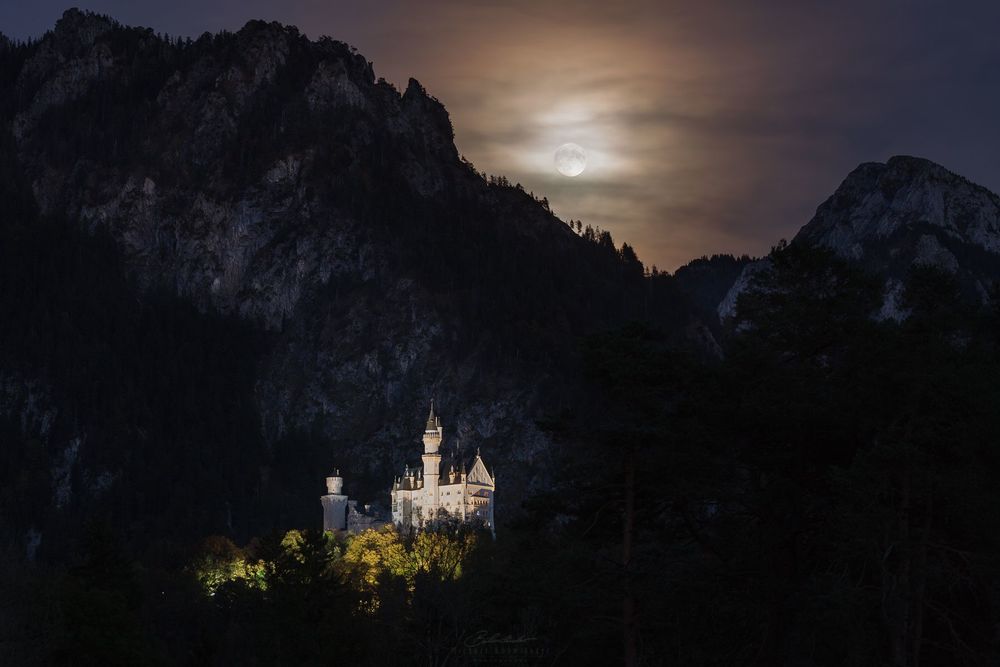 Обои для рабочего стола Замок Neuschwanstein / Нойшванштайн - романтический замок баварского короля Людвига II у подножия гор, фотограф Michael Boehmlaender