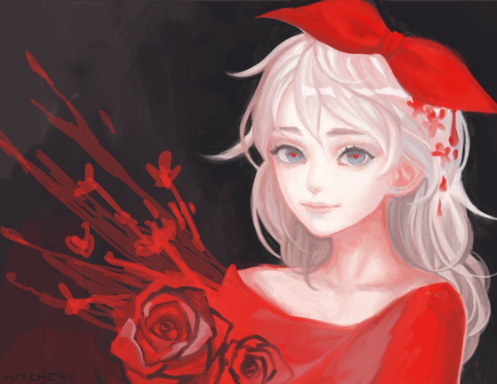 Обои для рабочего стола Девушка с красным бантом на голове и розами, by Witchere