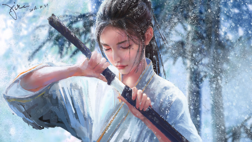 Обои для рабочего стола Девушка достает катану, by xichechen