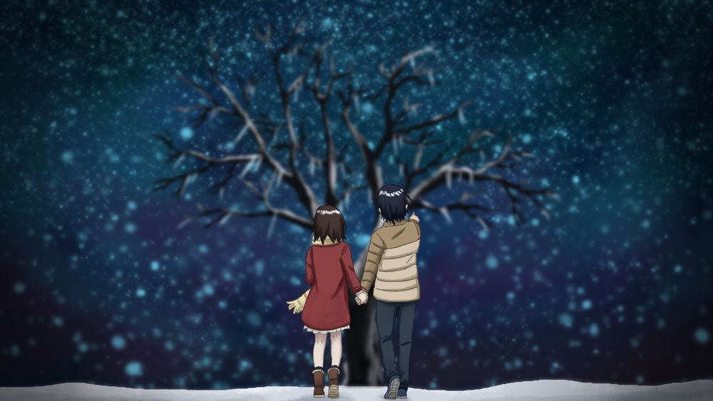 Обои для рабочего стола Парень и девушка держат друг друга за руки, стоя к нам спиной перед деревом