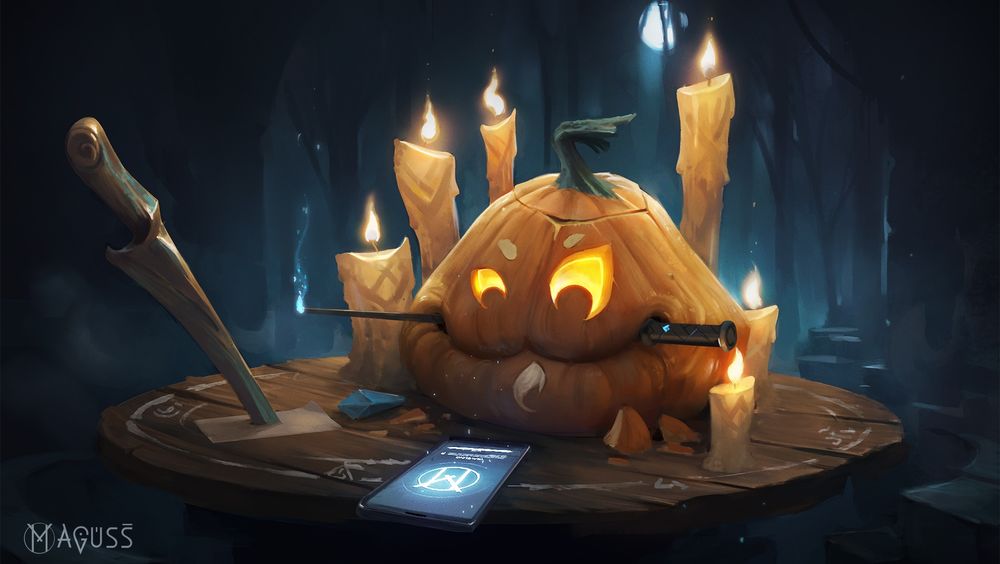 Обои для рабочего стола Тыква с ножом во рту занимается черной магией при свечах, Хэллоуин / Halloween