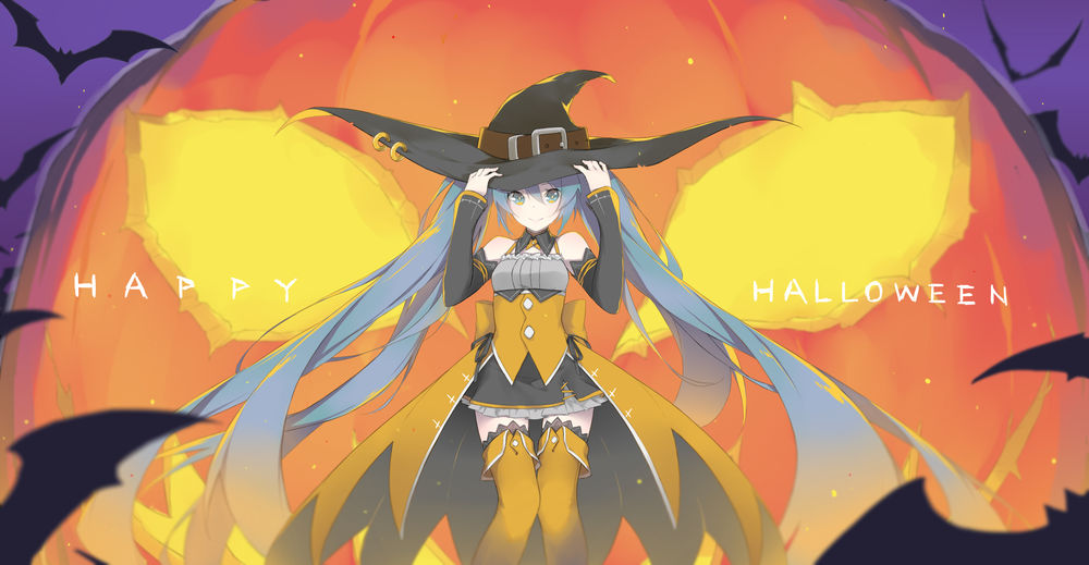 Обои для рабочего стола Vocaloid Hatsune Miku / Вокалоид Хатсуне Мику, art by FHang (Happy Halloween / Счастливого Хэллоуина)