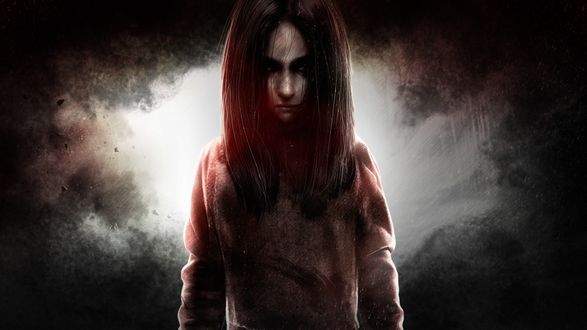Обои на рабочий стол Девочка демон стоит смотря уверенным взглядом из игры F. E. A. R