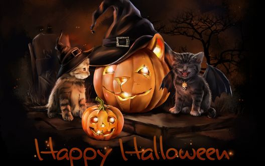 Обои на рабочий стол Котята сидят возле тыквы (Happy Halloween / Счастливого Хэллоуина)