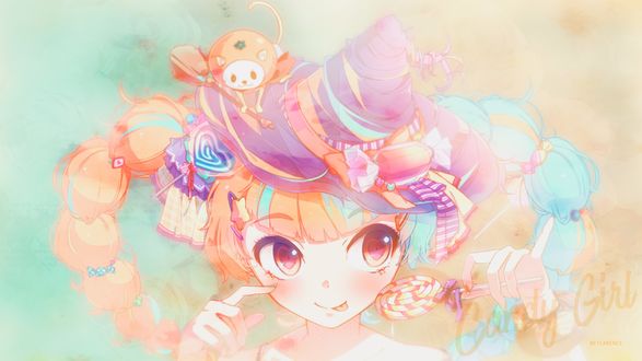 Обои на рабочий стол Vocaloid Hatsune Miku / Вокалоид Хатсуне Мику в шляпе ведьмы с леденцами и конфетами, candy girl, Halloween
