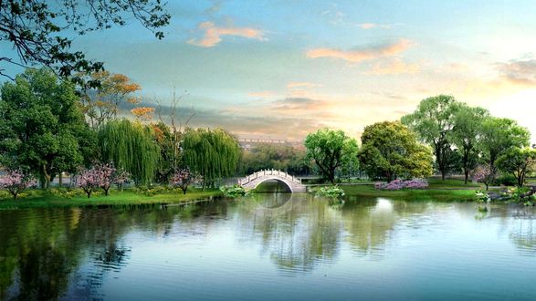 Обои на рабочий стол Мостик над водоемом в парке среди деревьев