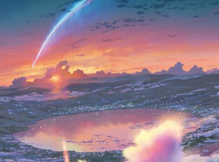 Обои на рабочий стол Падающий метеорит в небе над городом из аниме Kimi no Na wa / Твое имя, art by Makoto Shinkai