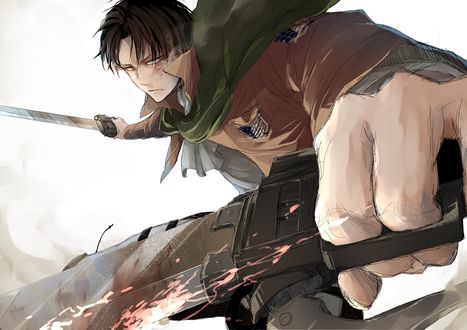 Обои на рабочий стол Леви Райвель / Levi Rivaille во время сражения из аниме Атака Титана / Attack on Titan / Shingeki no Kyojin