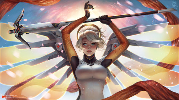 Обои на рабочий стол Mercy / Ангел / Ангела Циглер из игры Overwatch / Дозор, by serafleur
