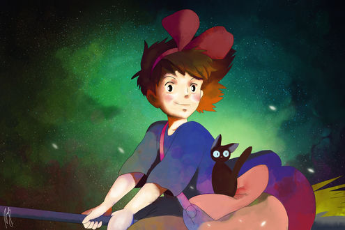 Обои на рабочий стол Kiki / Кики и Jiji / Джиджи из аниме Kikis Delivery Service / Ведьмина служба доставки, by Andreanable