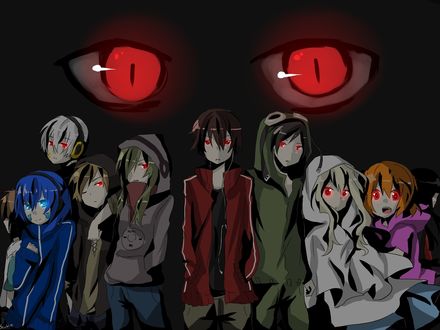 Обои на рабочий стол Kido Tsubomi / Цубоми Кидо и другие с горящими глазами из аниме Призрачный Проект / Kagerou Project, art by Shidu