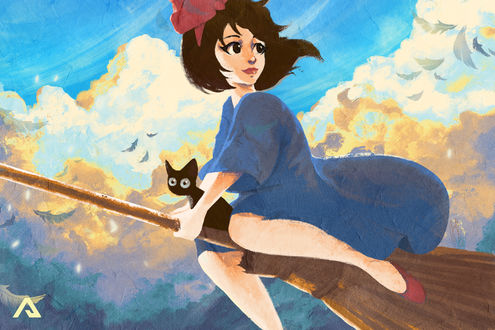 Обои на рабочий стол Kiki / Кики и Jiji / Джиджи из аниме Kikis Delivery Service / Ведьмина служба доставки, by Andreanable