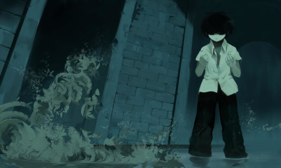 Обои на рабочий стол Мальчик стоит в воде на фоне дома, by Pixiv Id 53928