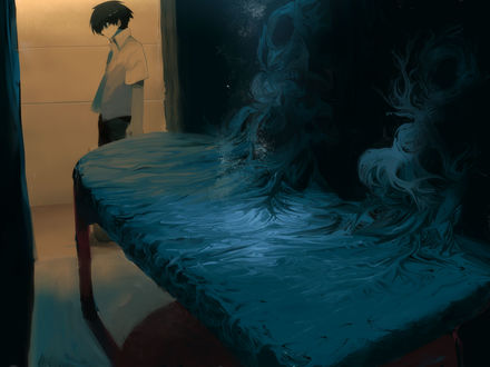 Обои на рабочий стол Мальчик идет мимо комнаты, в которой испаряется стол, by Pixiv Id 53928