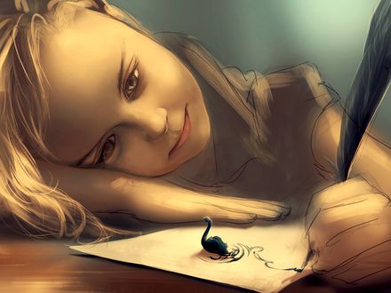 Обои на рабочий стол Девочка с пером в руке смотрит на лебедя, by Cyril ROLANDO