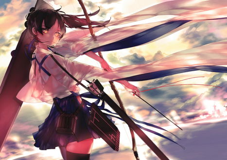 Обои на рабочий стол Kaga с луком и стрелами стоит на воде из игры Kantai Collection / Флотская Коллекция