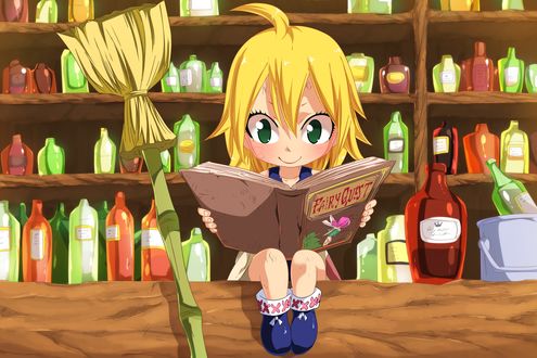 Обои на рабочий стол Чиби Люси Хартфилия / Lucy Heartfilia читает книгу из аниме Сказка о Хвосте феи / Fairy Tail, art by Planeptune Mavis