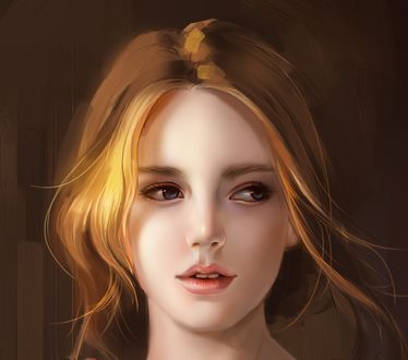 Обои на рабочий стол Девушка с длинными волосами смотрит в сторону, by saisai ye