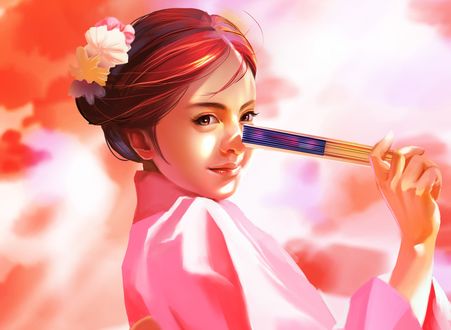 Обои на рабочий стол Девушка с веером в руке, by saisai ye