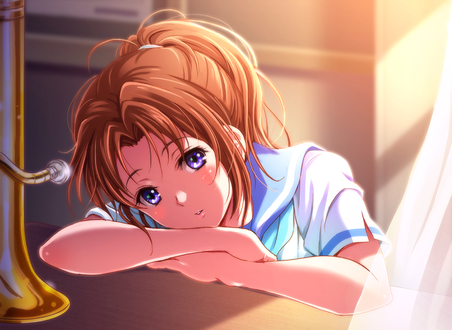 Обои на рабочий стол Накагава Нацуки / Natsuki Nakagawa из аниме Играй, эуфониум! / Sound! Euphonium / Hibike! Euphonium облокотилась на подоконник рядом со своей трубой