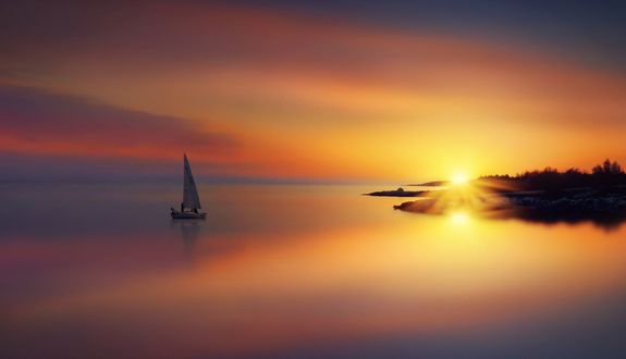 Обои на рабочий стол Парусник на фоне заката, фотограф Anna Ovatta
