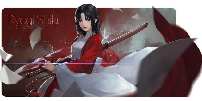 Обои на рабочий стол Шики Реги / Shiki Ryougi вынимает катану из ножен из аниме Граница пустоты: сад грешников / Kara no Kyoukai