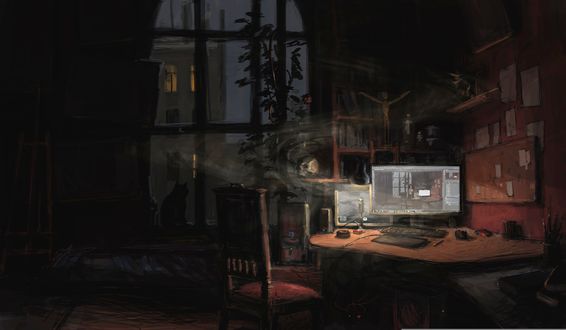 Обои на рабочий стол Включенный монитор, из которого вылетает череп, стоящий в пустой темной комнате, на подоконнике сидит кошка