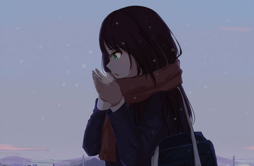 Обои на рабочий стол Школьница пытается согреть свои руки, by IK @_itakana