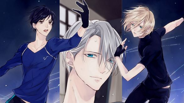 Обои на рабочий стол Фигуристы Yuri Plisetsky, Katsuki Yuri и Victor Nikiforof из аниме Юрий на льду! / Yuri on Ice!