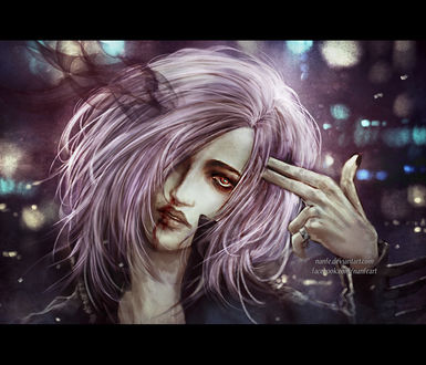 Обои на рабочий стол Девушка приставила руку к виску, изображая пистолет, by NanFe