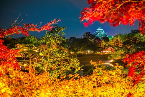 Обои на рабочий стол Himeji castle / замок Химэдзи, иначе замок Белой Цапли, Hyogo Prefecture, Japan / Япония, вечер, осень