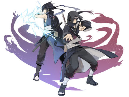 Обои на рабочий стол Uchiha Sasuke / Учиха Саске и Uchiha Itachi / Учиха Итачи стоят спина к спине из аниме Наруто / Naruto