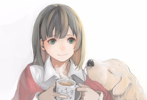 Обои на рабочий стол Девочка с чашкой в руках и собачкой рядом